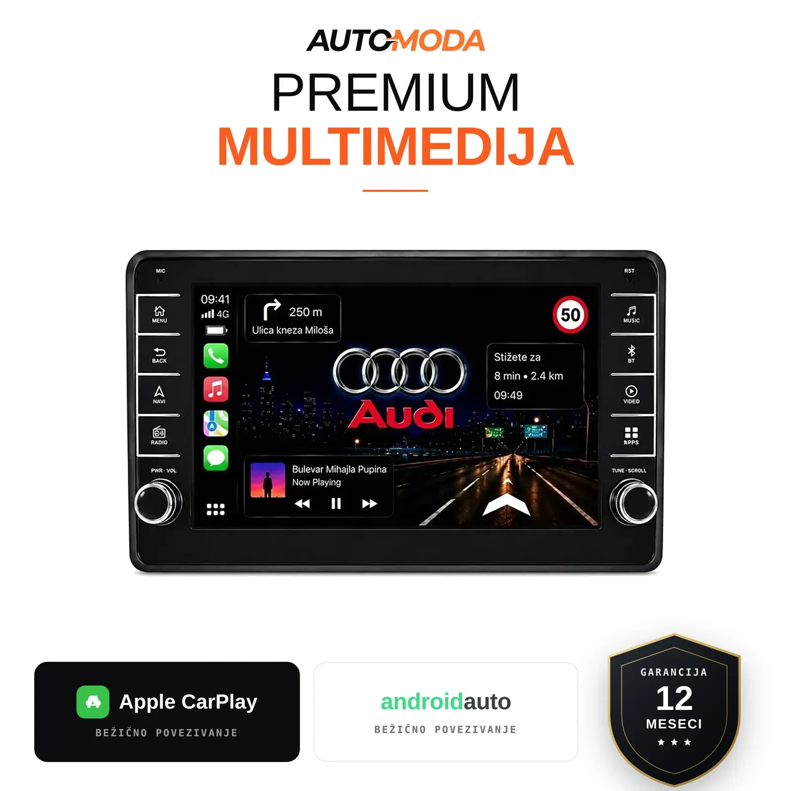 Audi A4 multimedija 10" — Android, CarPlay, navigacija (dugmad)