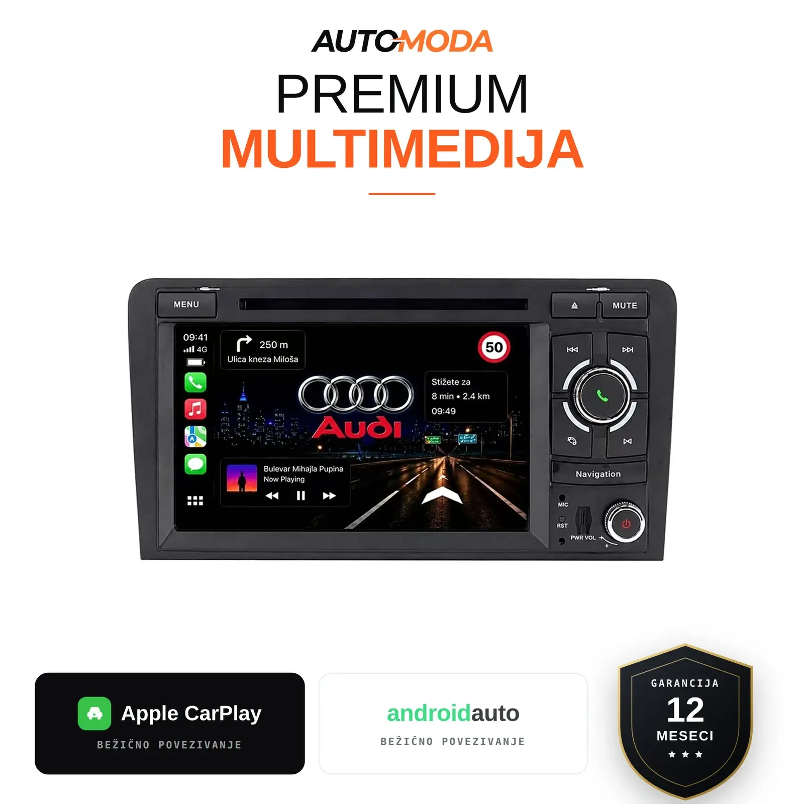 Audi A3 multimedija 7" — Android, CarPlay, navigacija