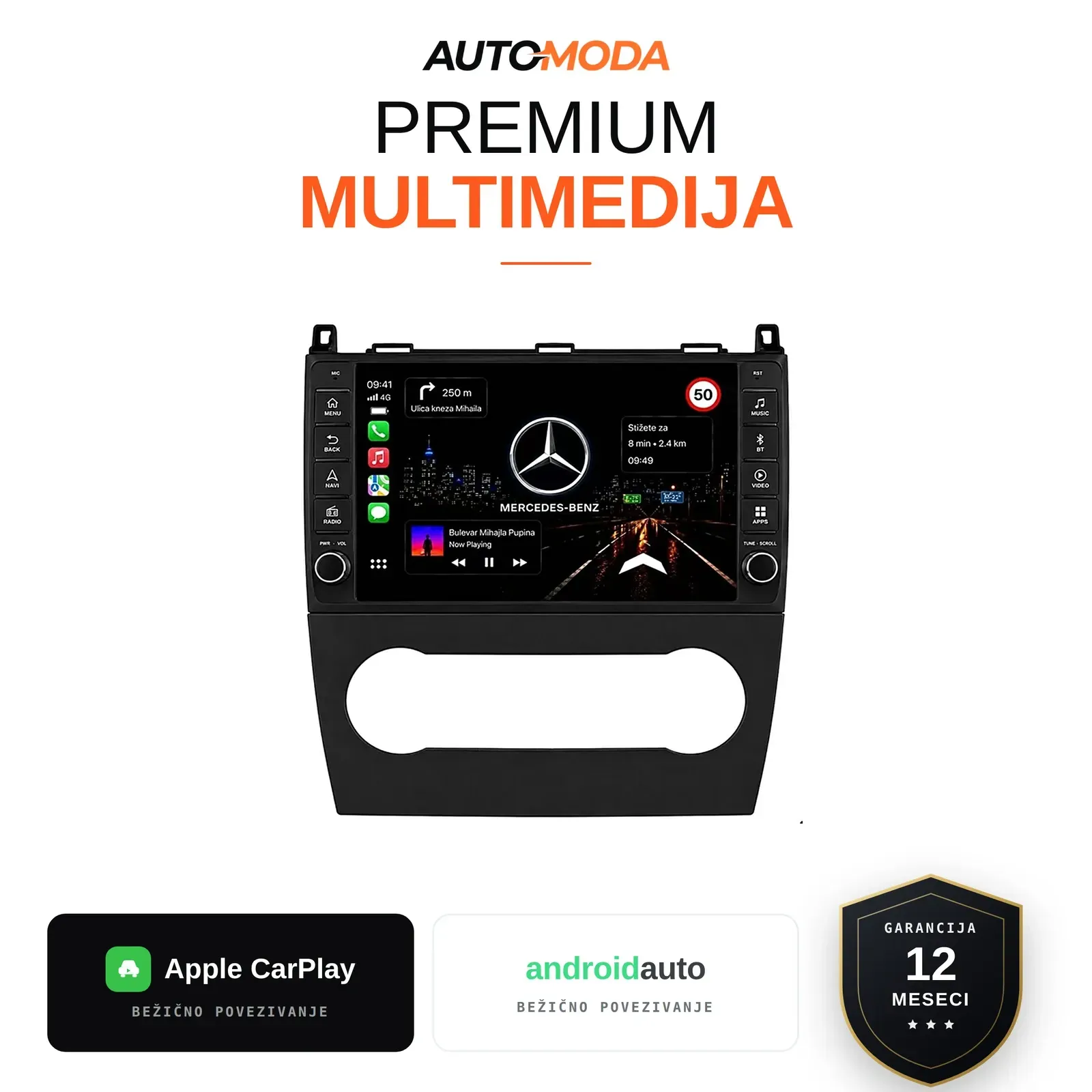 Mercedes A/B klasa multimedija 10" sa tasterima — Android, CarPlay, navigacija