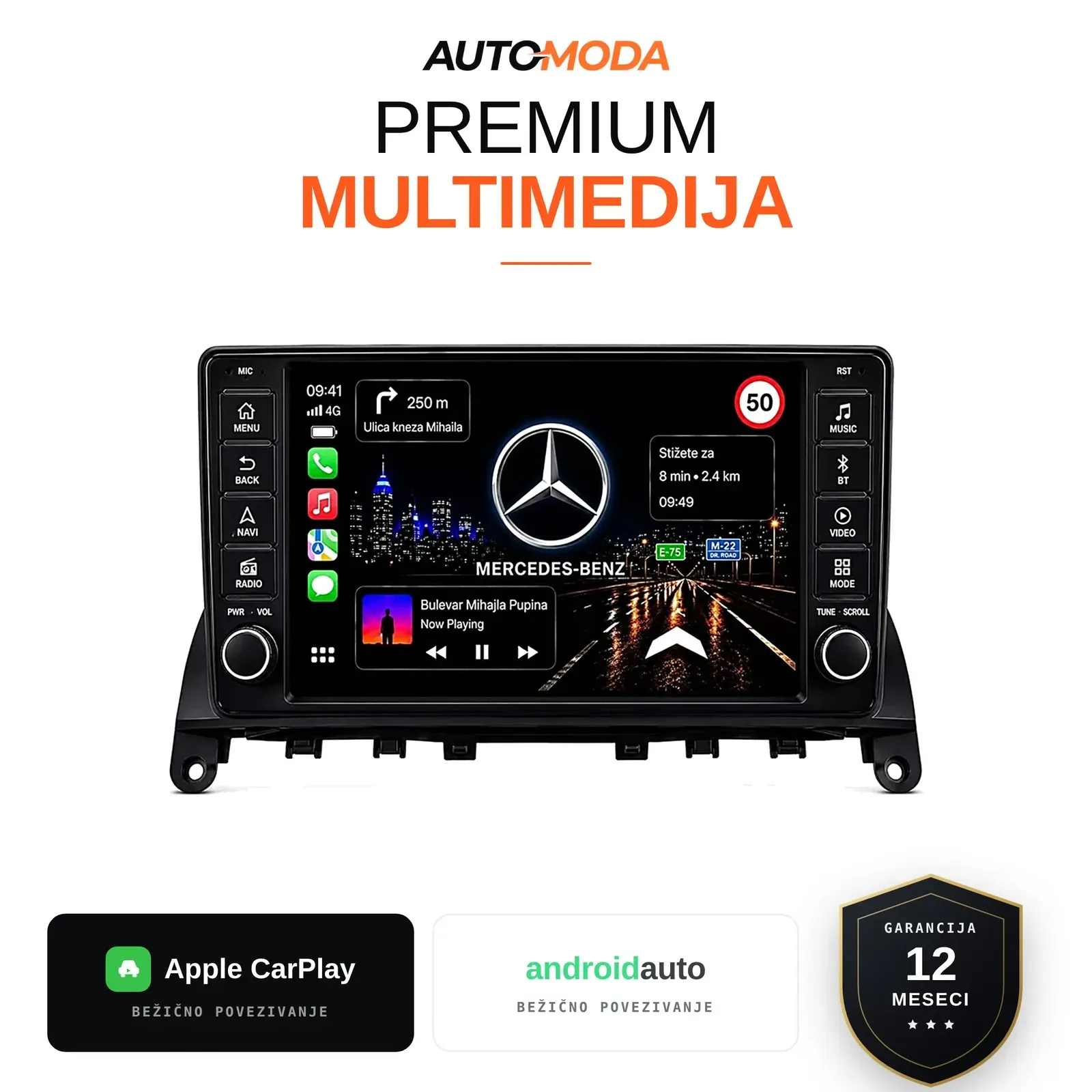 Mercedes C klasa W204 multimedija 10" sa tasterima — Android, CarPlay, navigacija