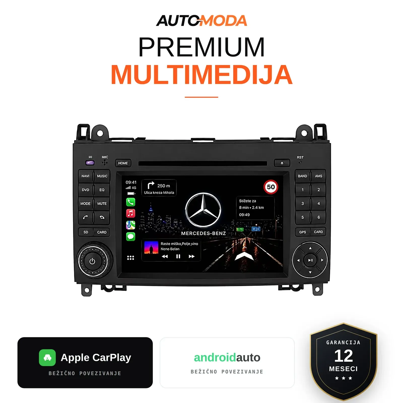 Mercedes A/B klasa, Sprinter, Vito, Viano multimedija 7" — Android, CarPlay, navigacija