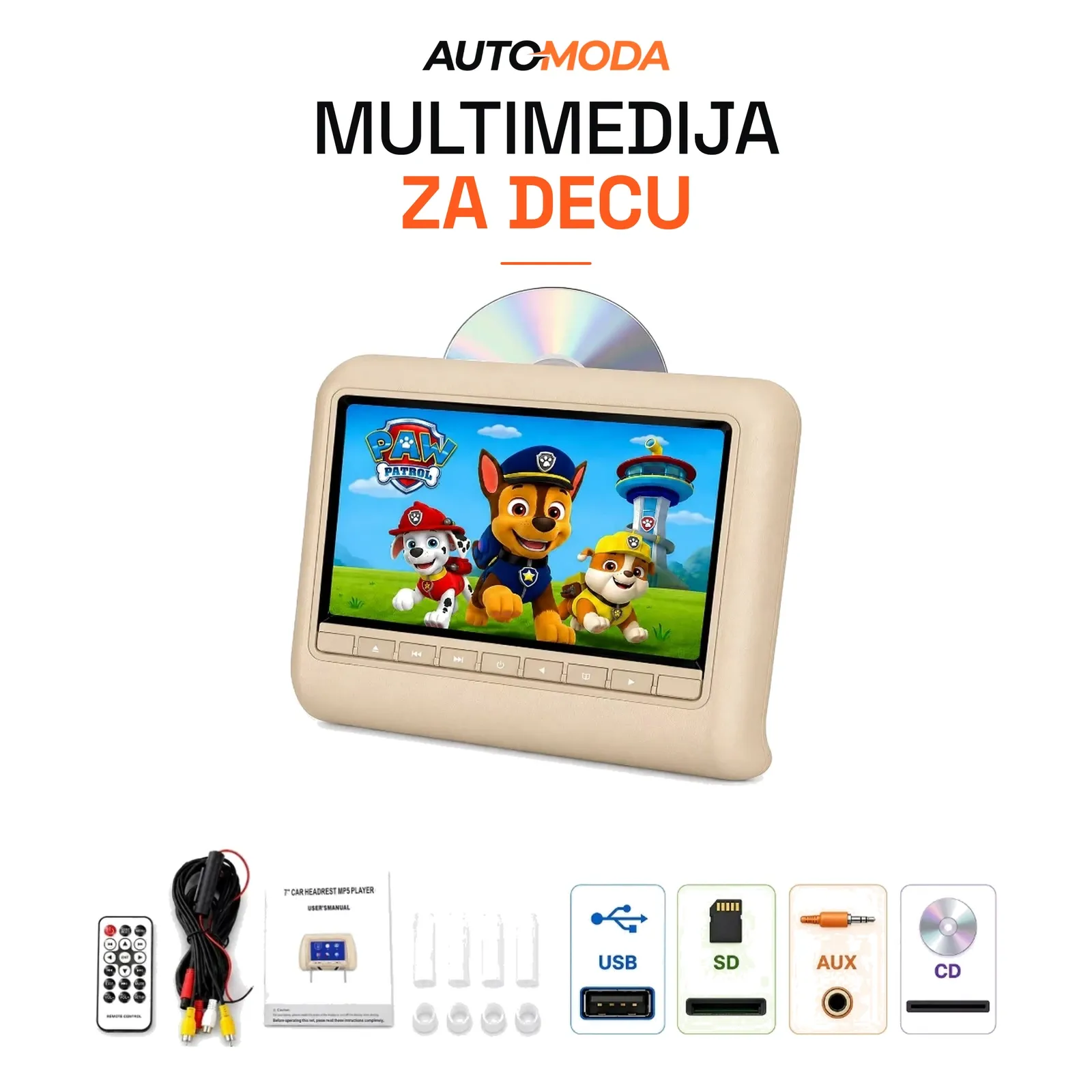 Monitor za decu u naslonu za glavu 9" sa DVD plejerom (bež)