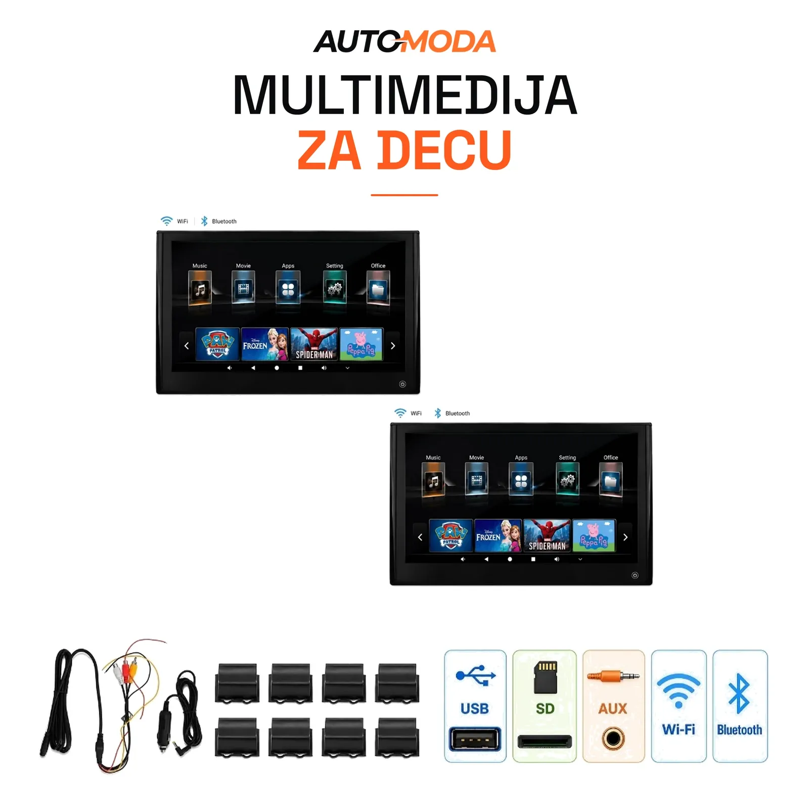 Monitori za decu u naslonu za glavu 12" Android, set 2 komada