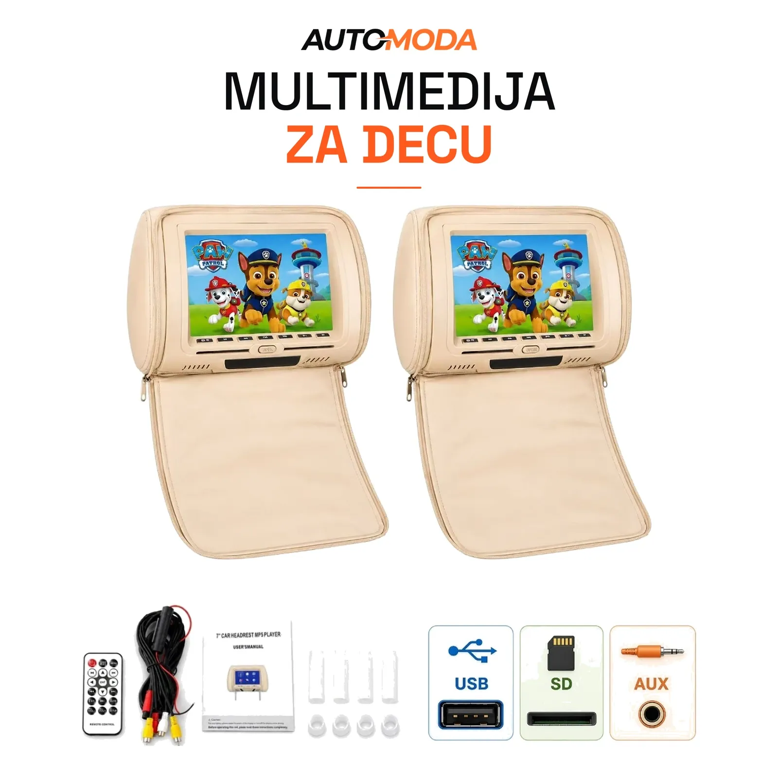 Monitori za decu u naslonu za glavu 7", set 2 komada (bež)
