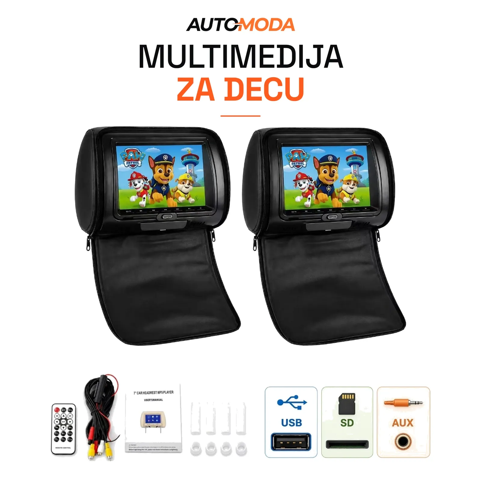 Monitori za decu u naslonu za glavu 7", set 2 komada (crni)