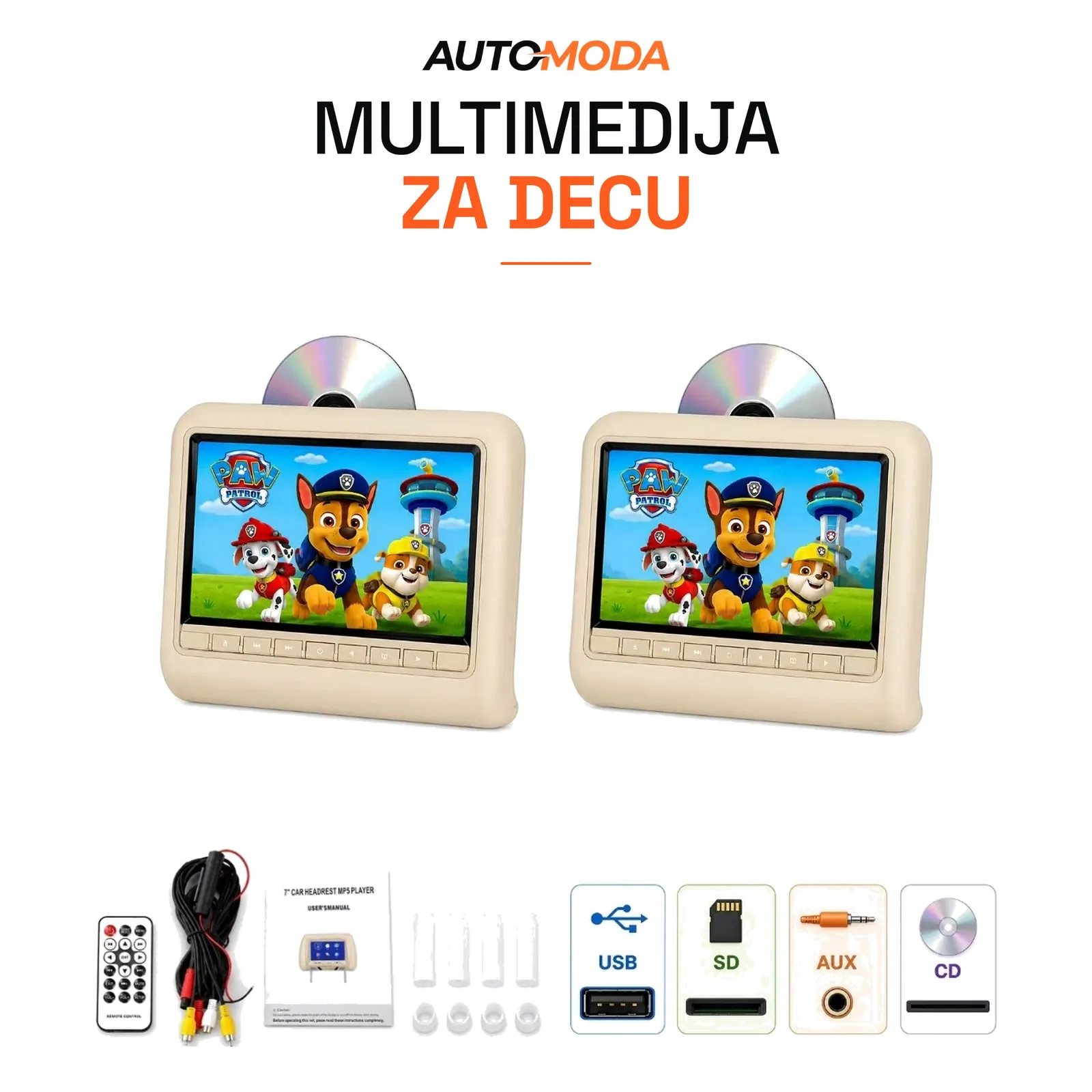 Monitori za decu u naslonu za glavu 9" sa DVD plejerom, set 2 komada (bež)