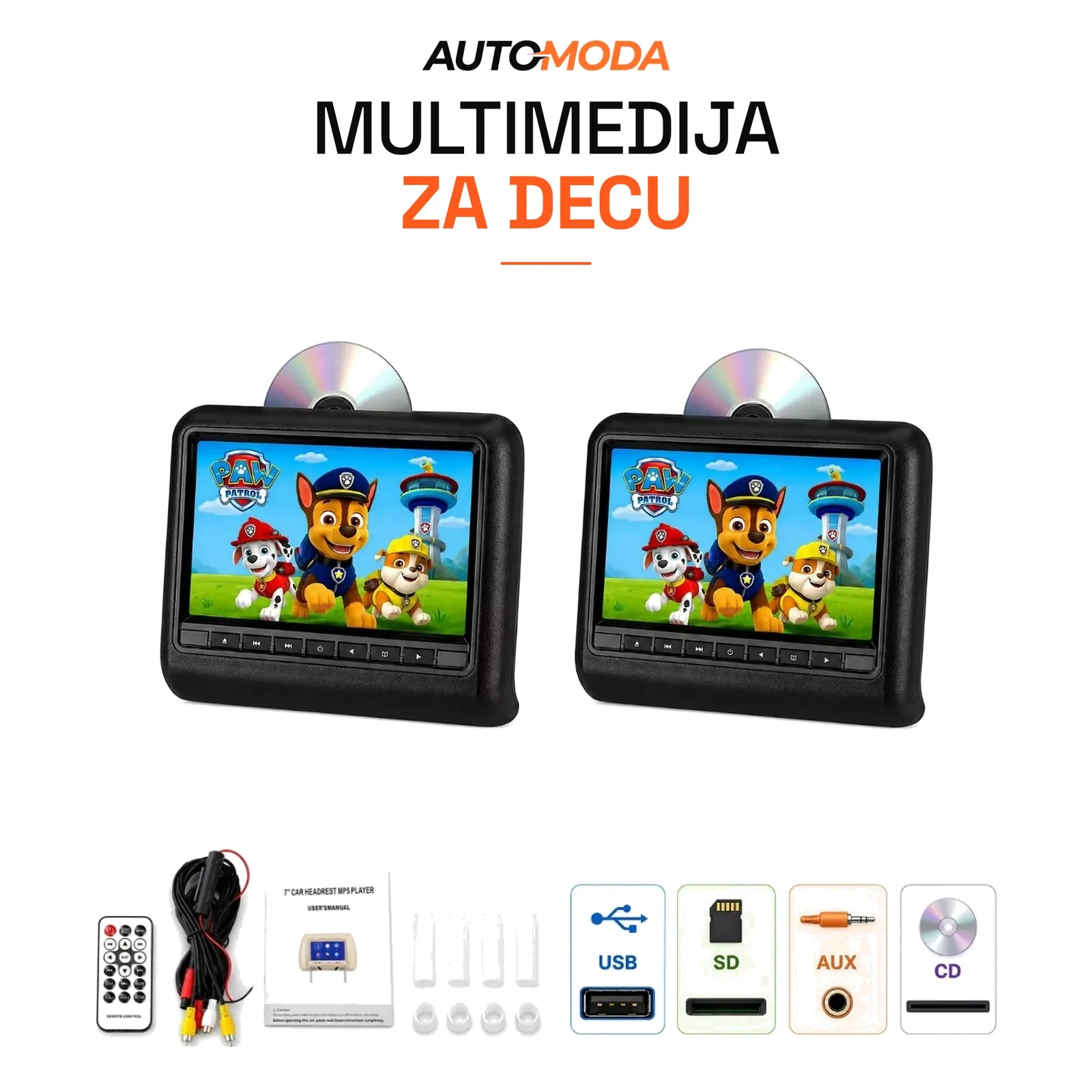 Monitori za decu u naslonu za glavu 9" sa DVD plejerom, set 2 komada (crni)