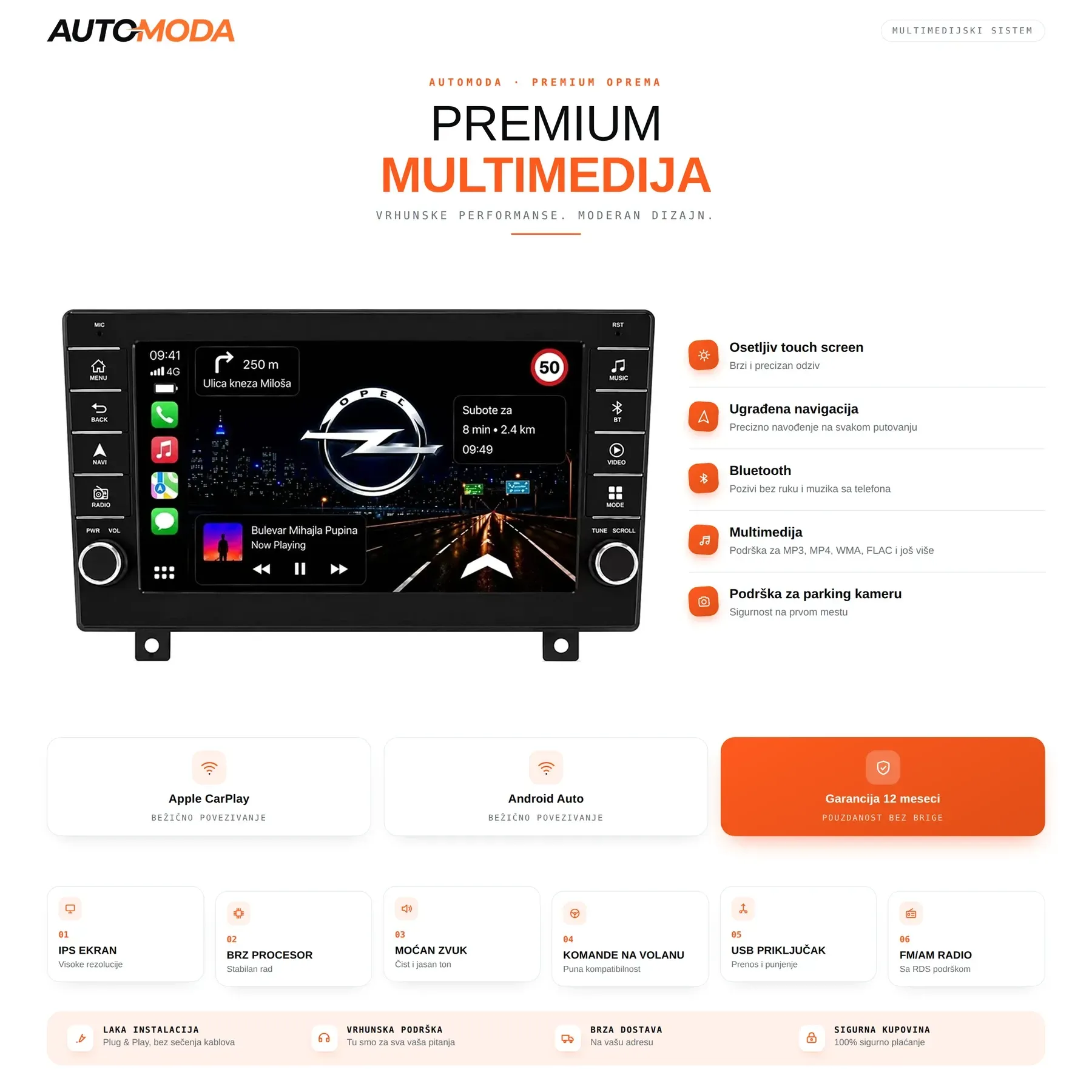 Opel multimedija — touch screen, navigacija, Bluetooth, parking kamera i specifikacije