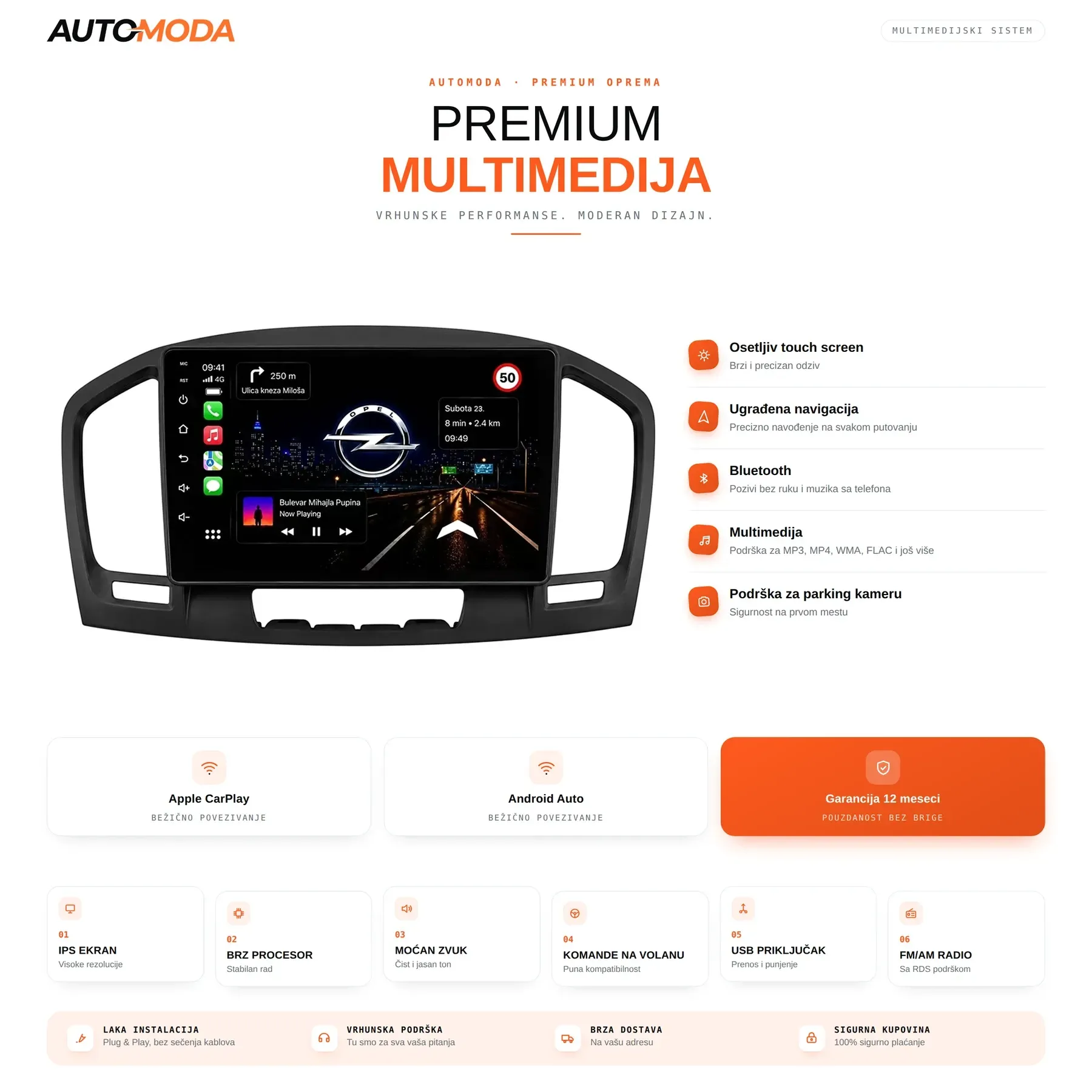 Opel Insignija multimedija — touch screen, navigacija, Bluetooth, parking kamera i specifikacije