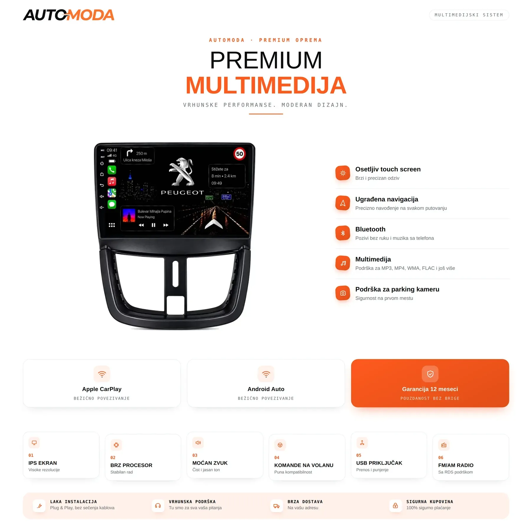 Peugeot 207 multimedija — touch screen, navigacija, Bluetooth, parking kamera i specifikacije