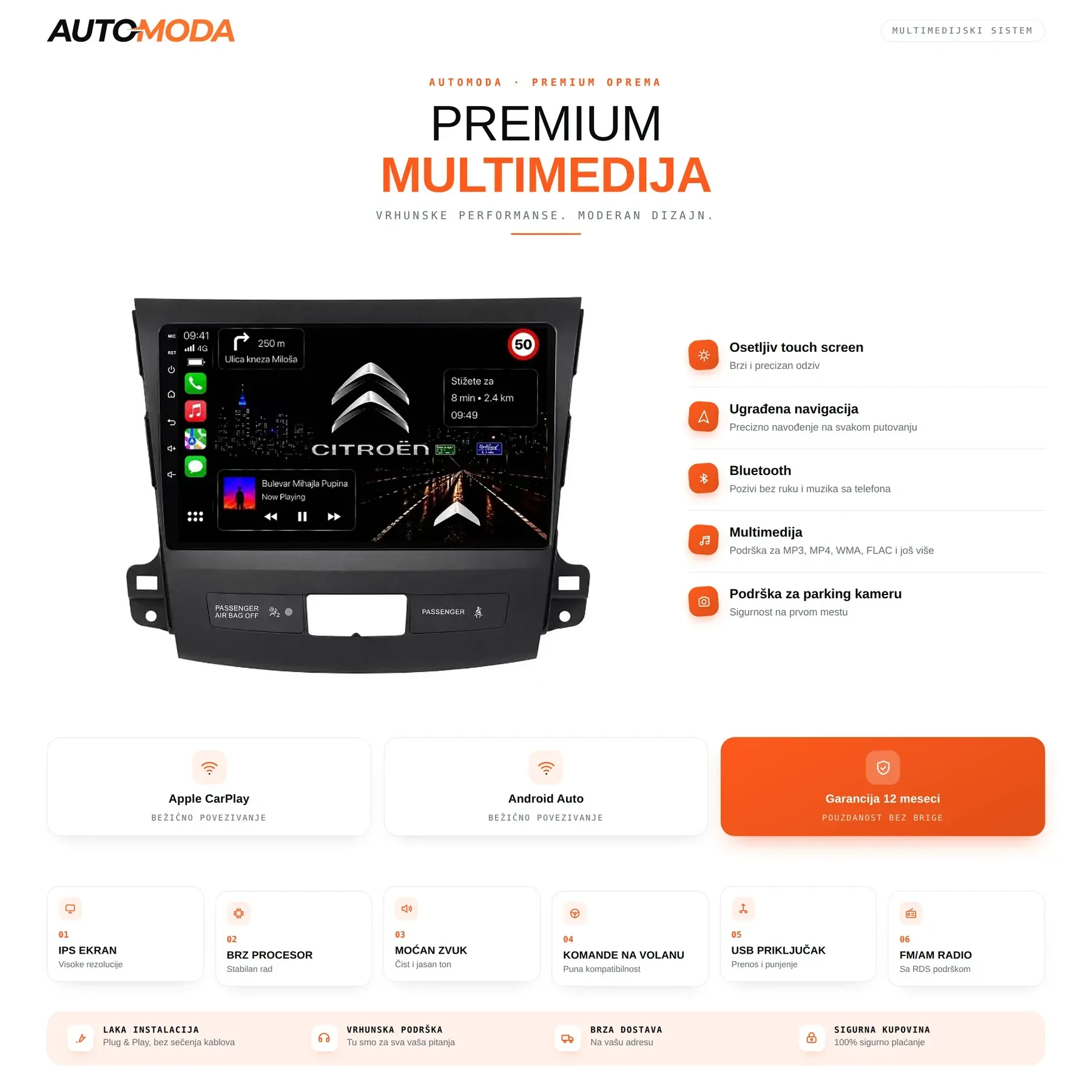 Peugeot 4007 multimedija — touch screen, navigacija, Bluetooth, parking kamera i specifikacije