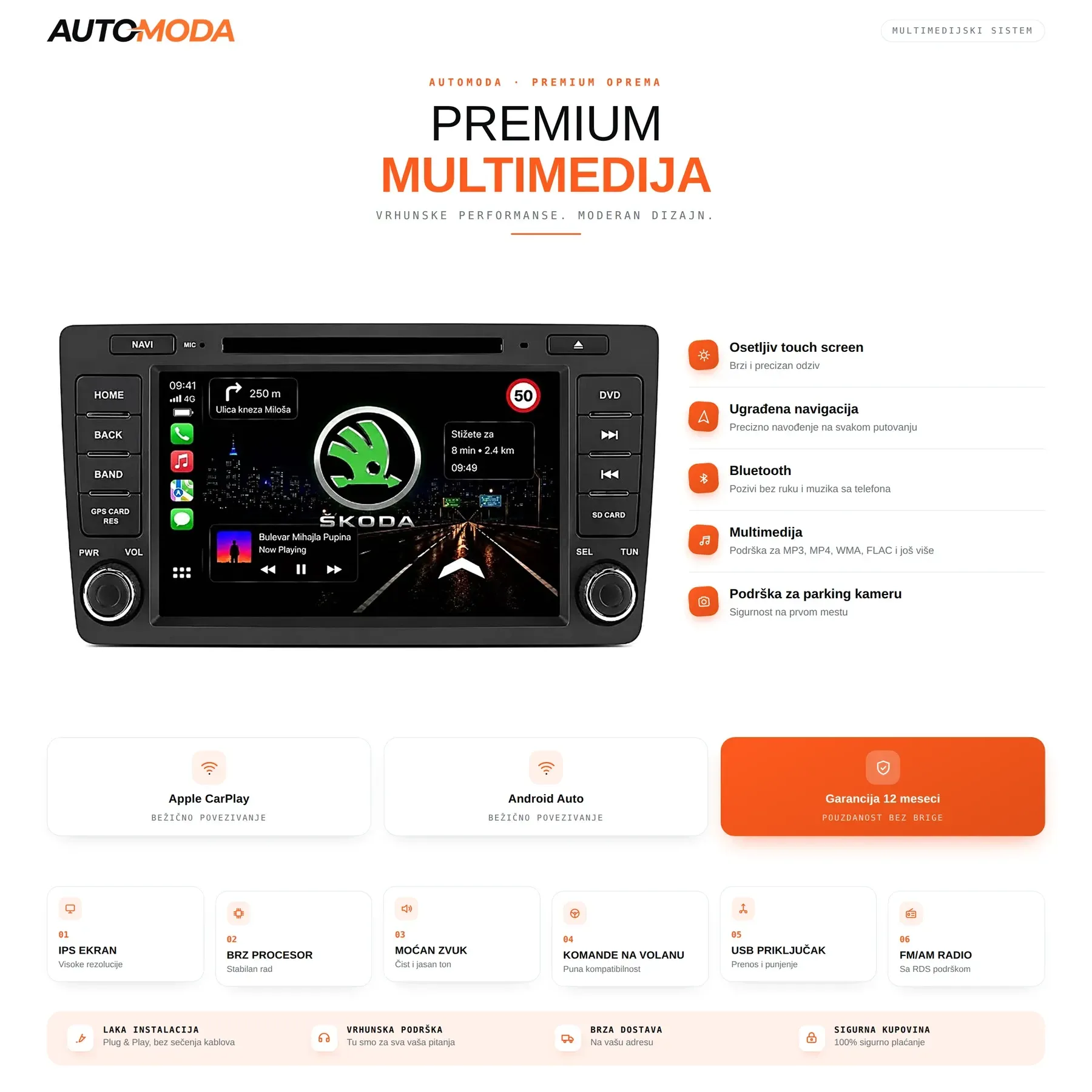Skoda Octavia A5 multimedija — touch screen, navigacija, Bluetooth, parking kamera i specifikacije