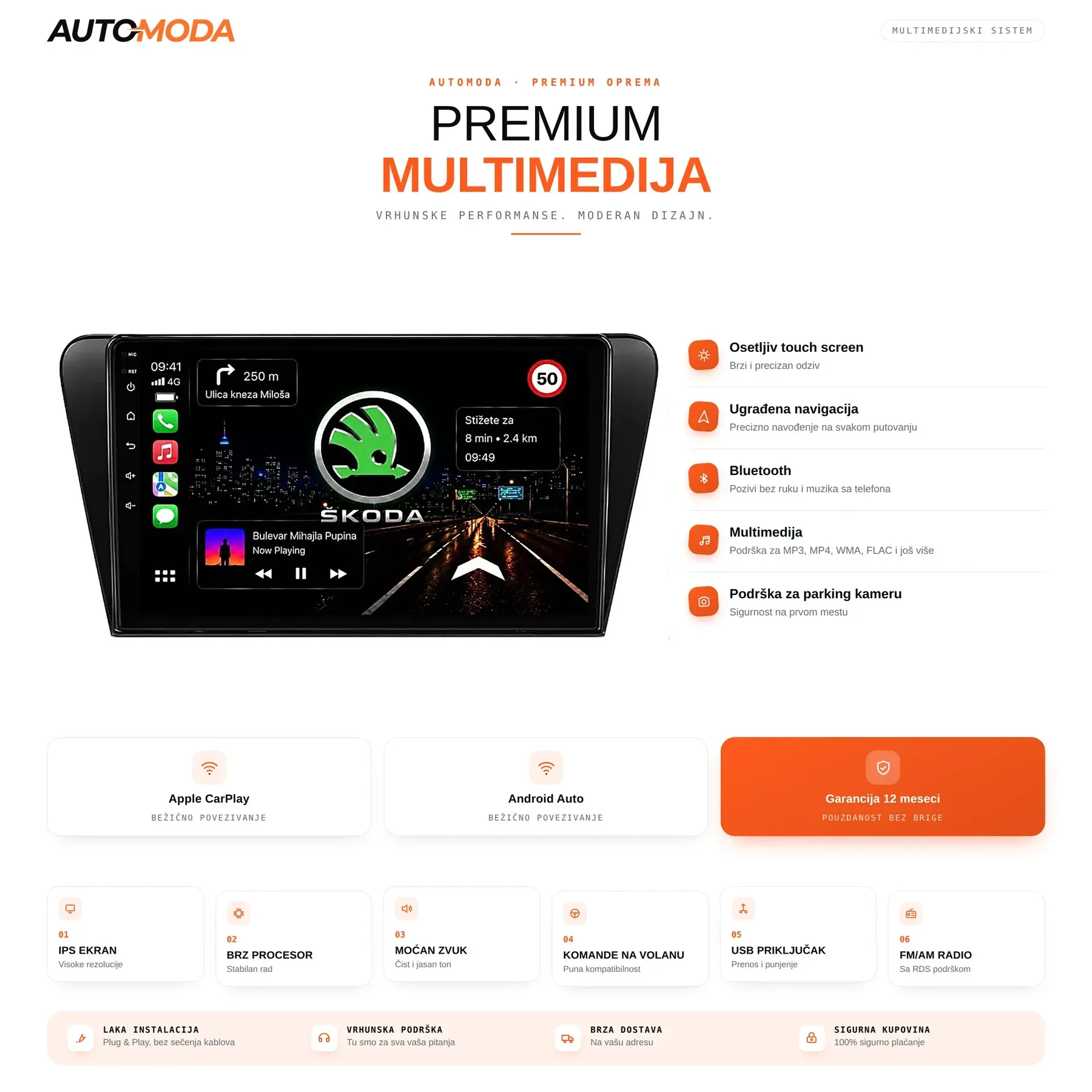Skoda Octavia A7 multimedija — touch screen, navigacija, Bluetooth, parking kamera i specifikacije