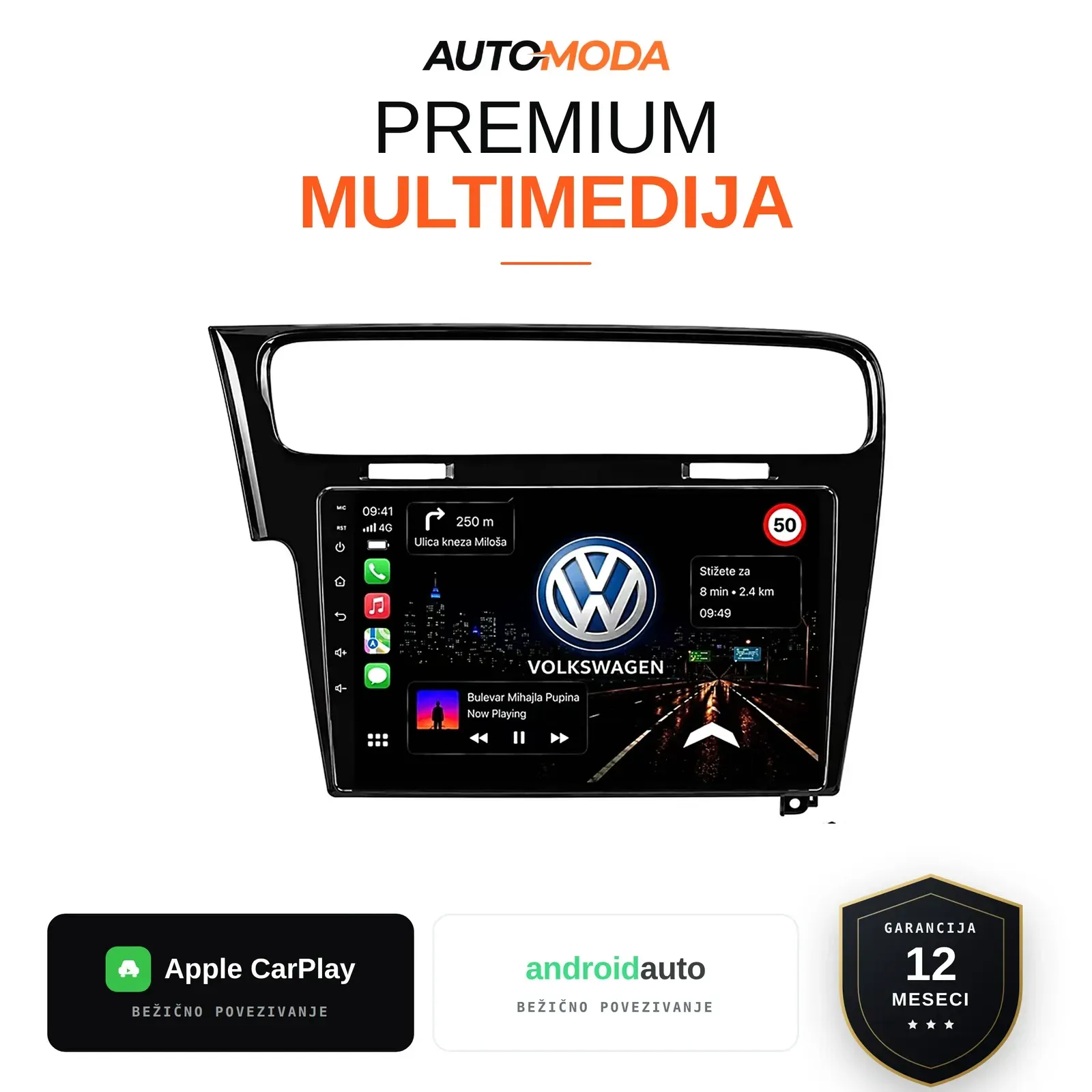 Volkswagen Golf 7 multimedija 10" (verzija 2, sjajna crna) — Android, CarPlay, navigacija