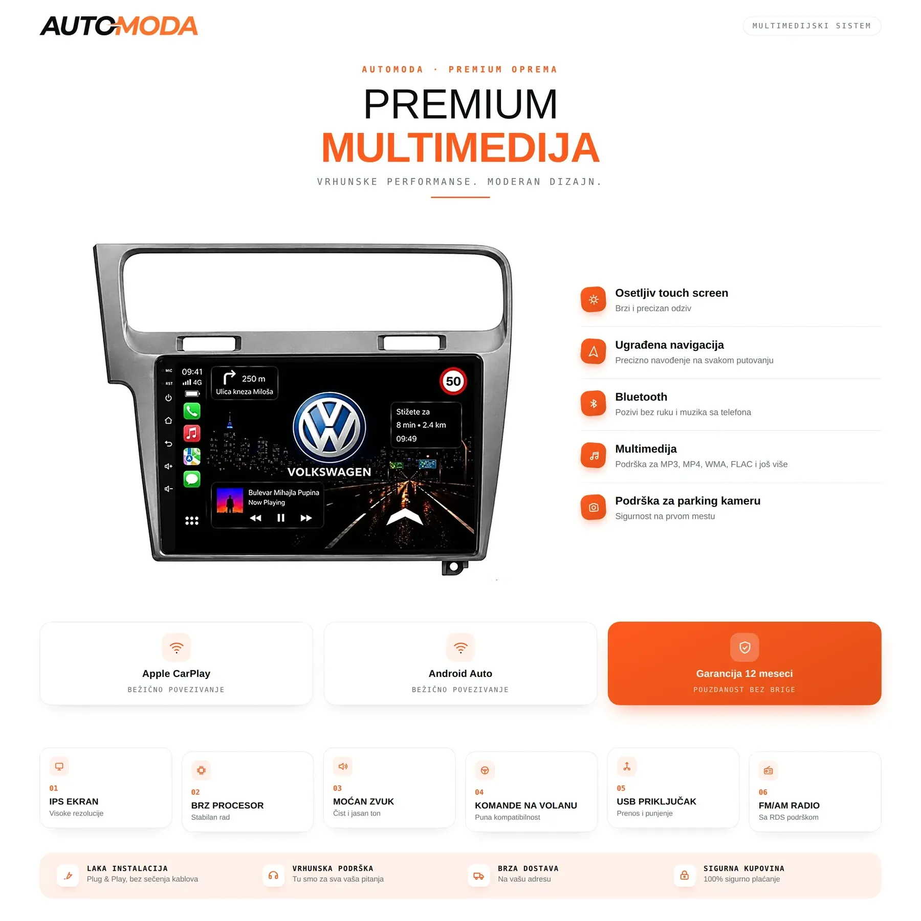 Volkswagen Golf 7 multimedija — touch screen, navigacija, Bluetooth, parking kamera i specifikacije