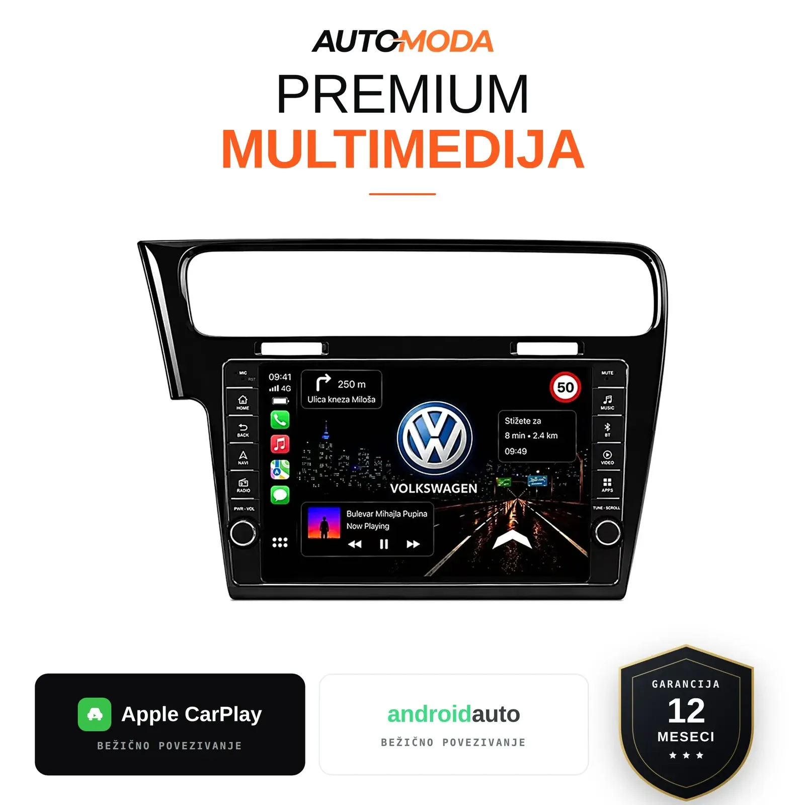 Volkswagen Golf 7 multimedija 10" (verzija 4, sjajna crna, sa dugmadima) — Android, CarPlay, navigacija