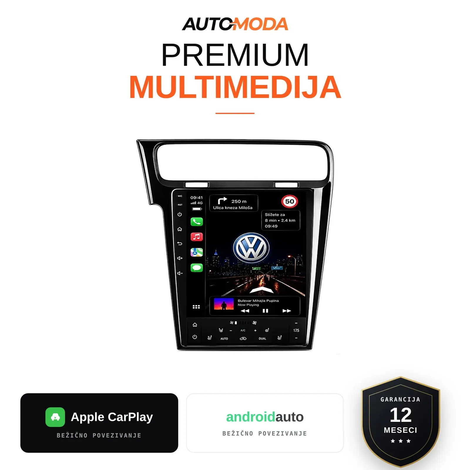 Volkswagen Golf 7 multimedija 10" Tesla Style (sa klima panelom) — Android, CarPlay, navigacija
