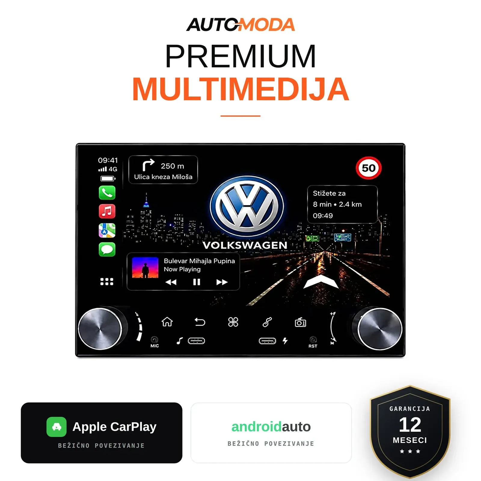 Volkswagen univerzalna multimedija 7" (moderni bezokvirni dizajn, USB-C) — Android, CarPlay, navigacija