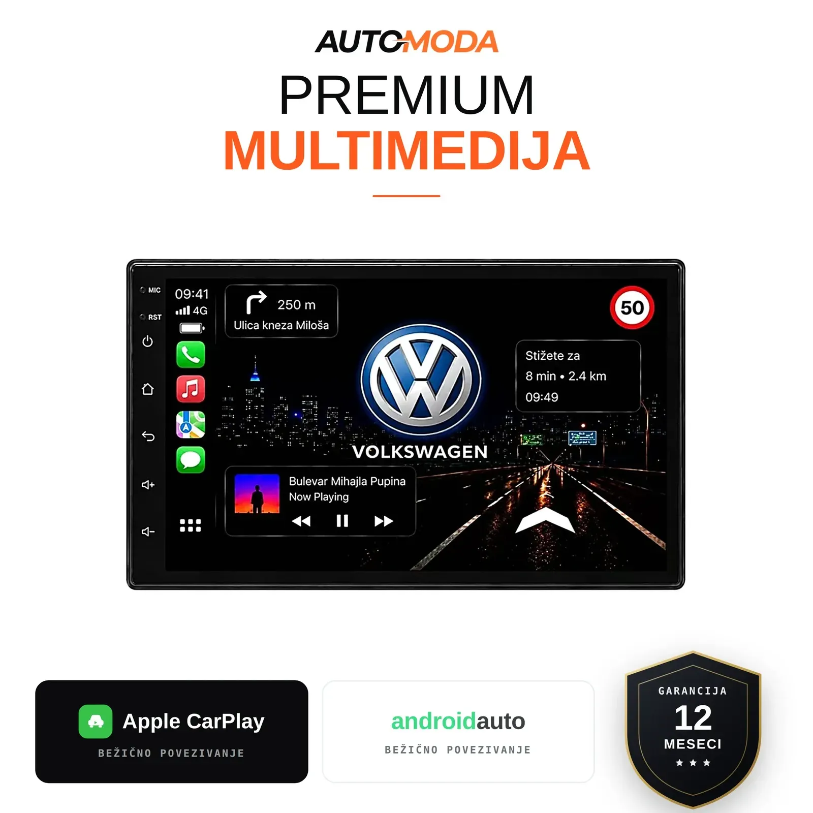 Volkswagen univerzalna multimedija 7" (jednostrana dugmad) — Android, CarPlay, navigacija