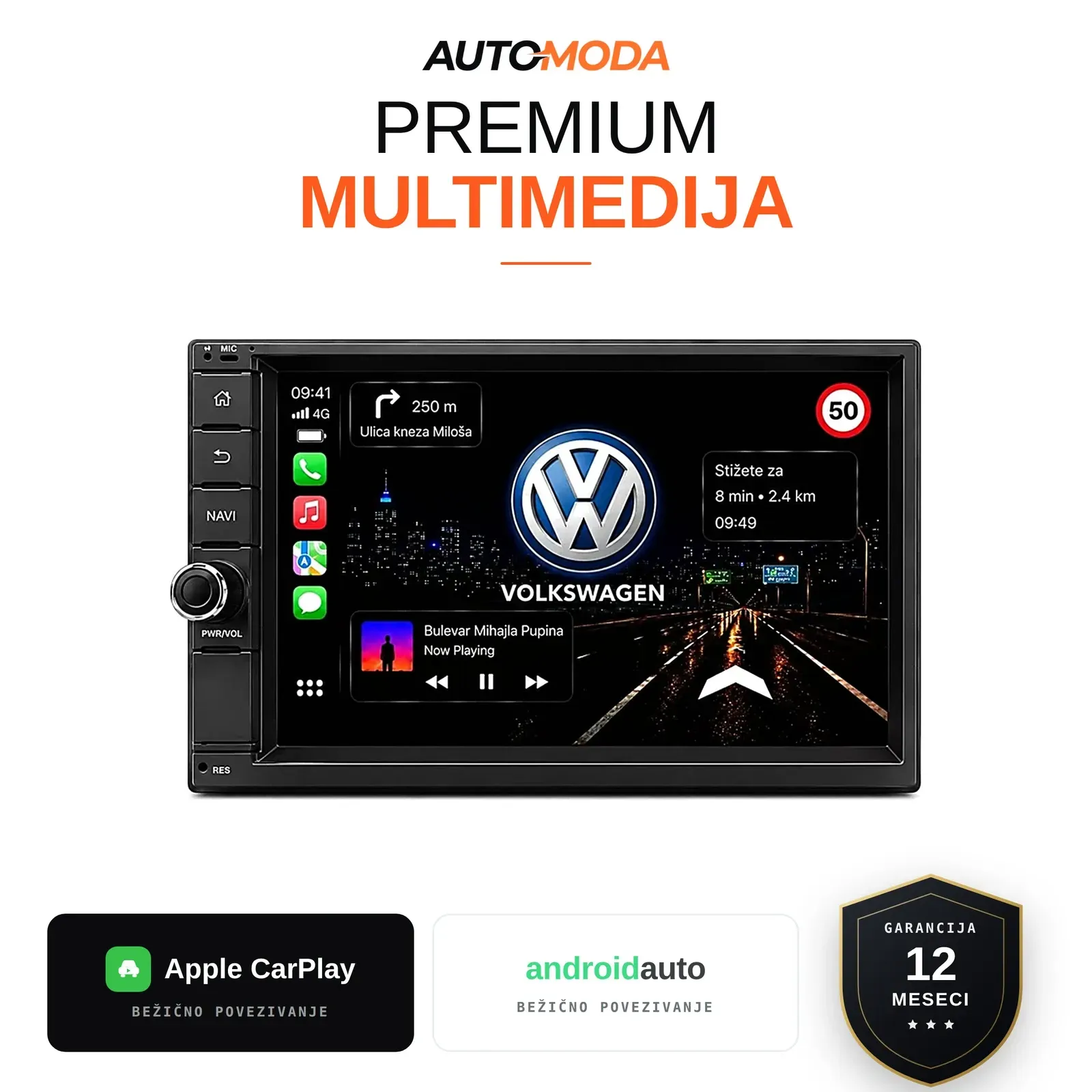 Volkswagen univerzalna multimedija 7" (jedan obrtni taster, kosi ugao) — Android, CarPlay, navigacija