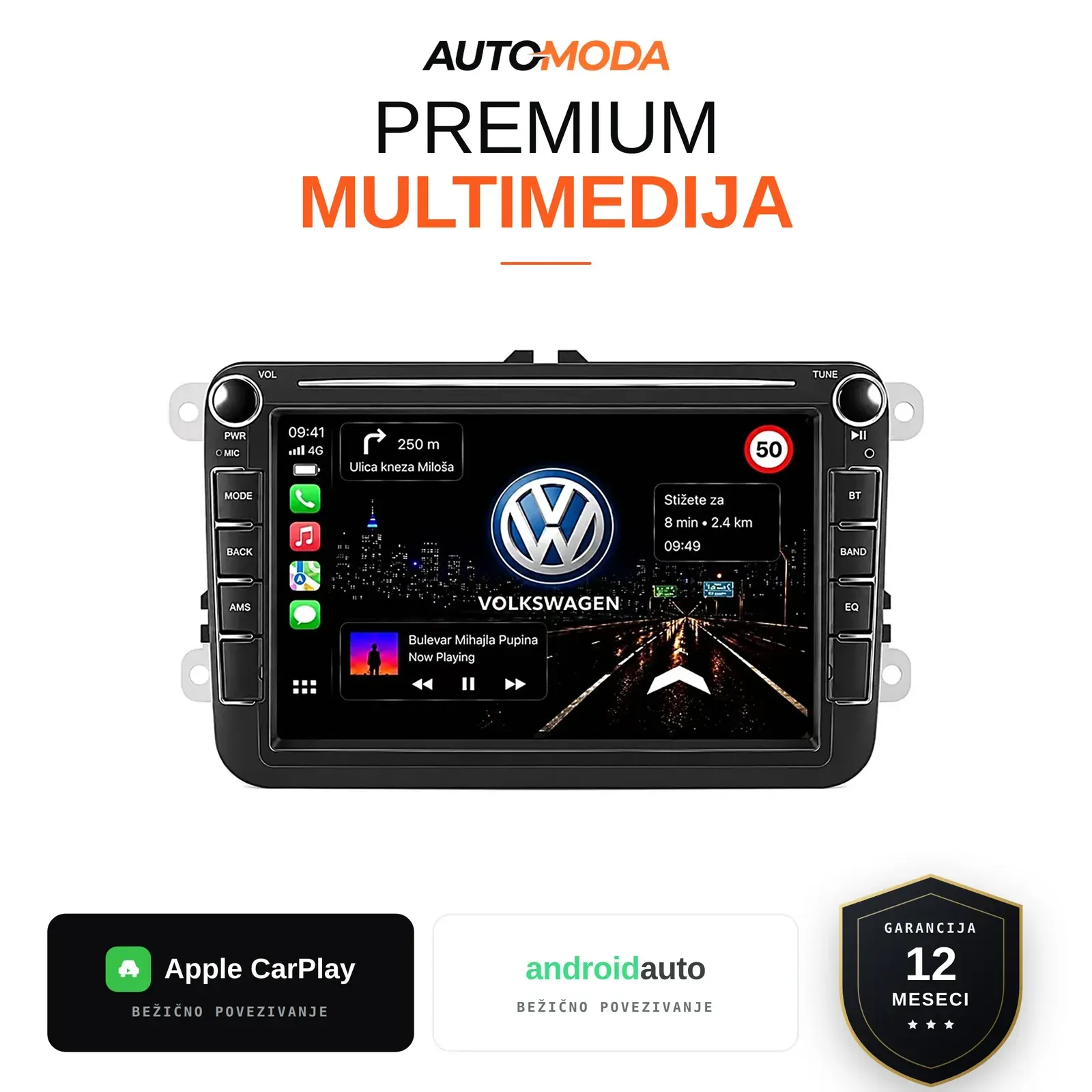 Volkswagen univerzalna multimedija 8" (CD čitač, VOL/TUNE dugmad) — Android, CarPlay, navigacija