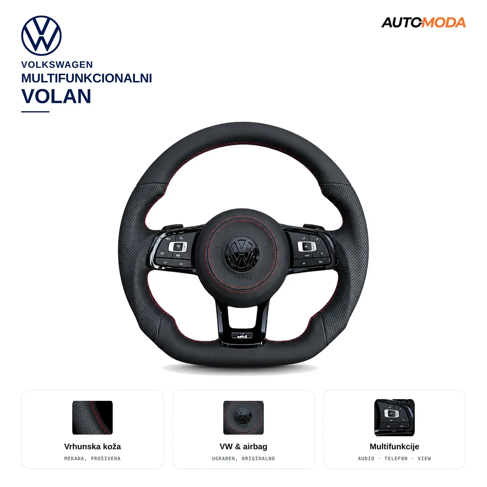 Volkswagen Multifunkcionalni volan (Golf 6 / Golf 7 / Passat B7 / Passat B8 / Polo / Tiguan / Touran / Caddy / Arteon / Touareg)