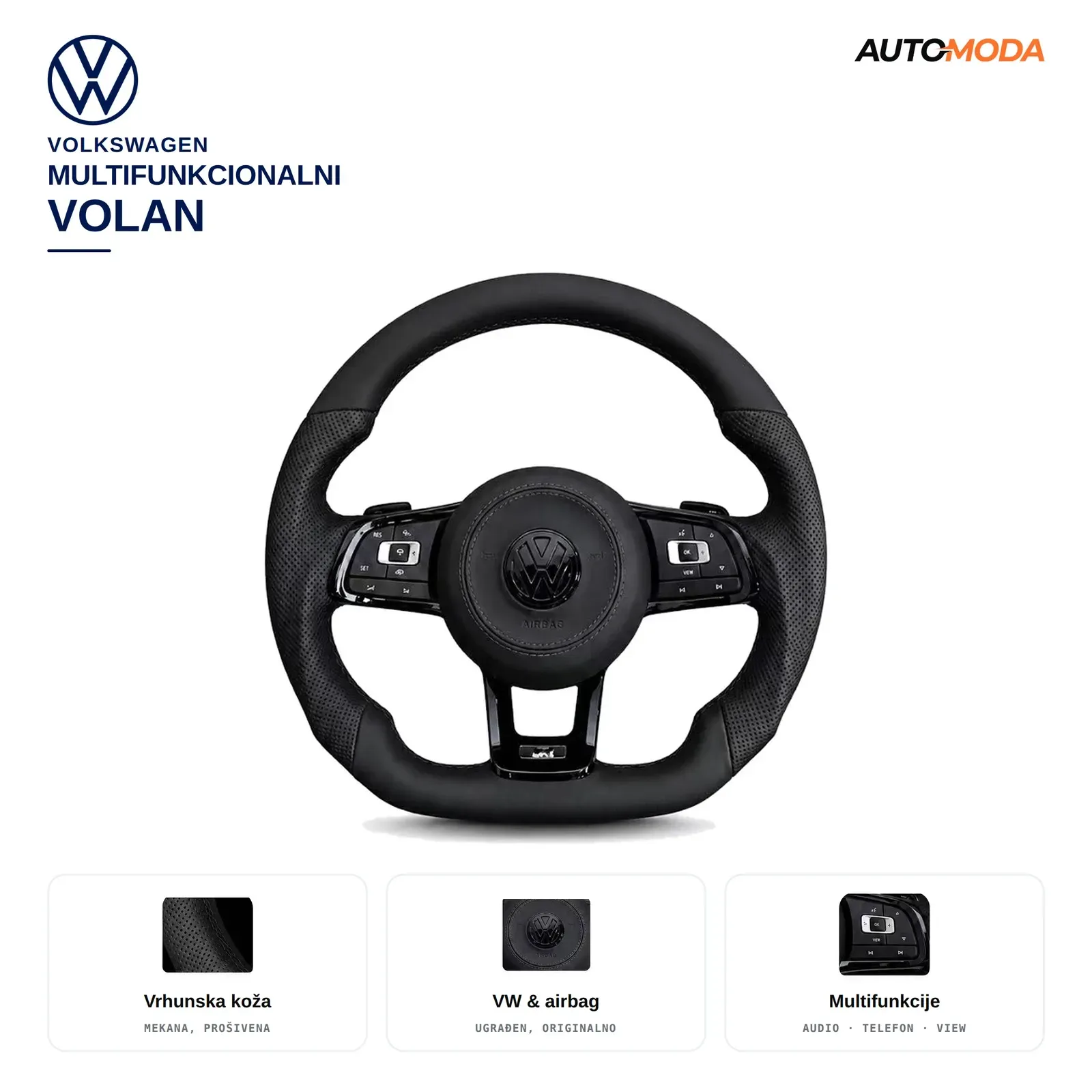 Volkswagen Multifunkcionalni volan (Golf 6 / Golf 7 / Passat B7 / Passat B8 / Polo / Tiguan / Touran / Caddy / Arteon / Touareg)