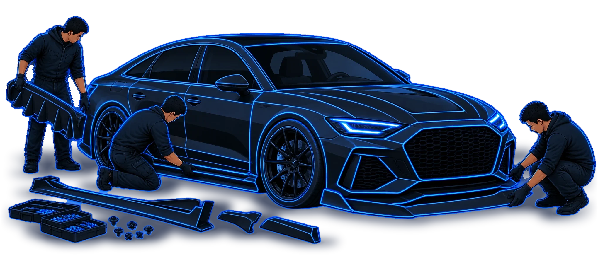 Majstori postavljaju body kit na automobil